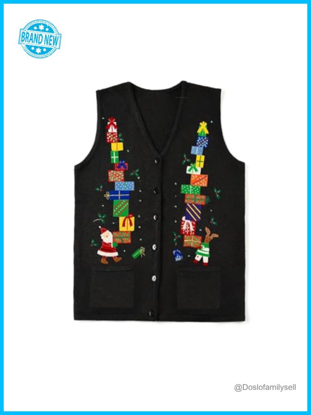 Women Christmas Knit Sweater Vest Santa Sleeveless Button Down Xmas Holiday